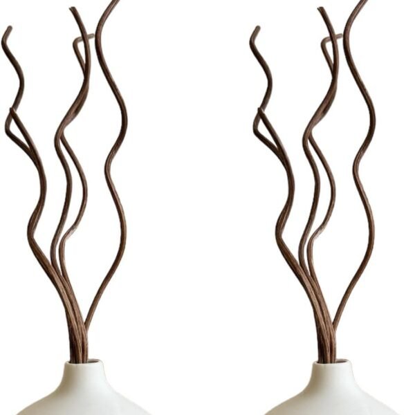 White Ceramic Vase, DIY Empty Reed Diffuser Bottle with Wavy Brown Rattan Sticks for Essential Oils, Set of 2, Aromatherapy, Modern Minimal Decor
