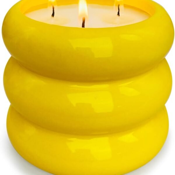 Outdoor 3 Wick Large Citronella Candle, 18oz, Ceramic, Yellow, Strong Lemongrass Scented Candles, for Patio Decor, Outside Table, Beautiful Candle Jars