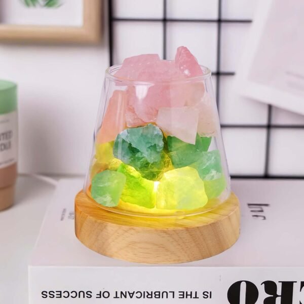Healing Crystal Night Light Natural Green Fluorite Rose Quartz Raw Stone  Diffuser USB Powered 3 Colour Adjustable Bedside Lamp for Bedroom Living Room Yoga Meditation Home Decor Gift