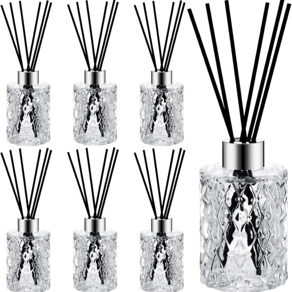 6 Set Glass Reed Diffuser Bottle, Empty Bottles Fragrance Diffuser with Caps and Black Rattan Sticks Set, Patterned Glass 150ml 5.07 oz Fragrance Oil Sticks for Home Bathroom DIY (Silver)
