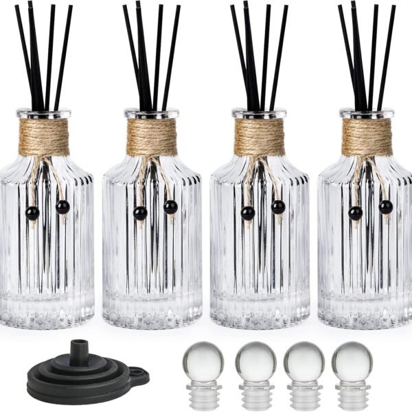 Reed Diffuser Bottle Glass Diffuser Bottles 8oz/250ml Set of 4 Empty Essential Oil Glass Diffuser Bottles with Stoppers and Reed Sticks Clear Decorative Bottle Set Bulk Reusable Perfume Jar