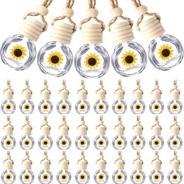 50 Pcs Hanging Car Air Freshener Car Diffuser Bottles Empty Glass Perfume Bottle Freshener Diffuser Bottle Pendant for Essential Oil Fragrance Aromatherapy Bottle Ornament(Clear,Sunflower)