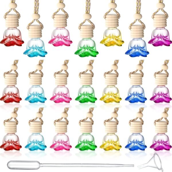 20 Pcs Car Essential Oil Diffuser Hanging Bottle Air Freshener Car Perfume Diffuser Empty Glass Bottle Refillable Aromatherapy Fragrance Bottle Pendant Auto Interior Ornament (Rose Style)